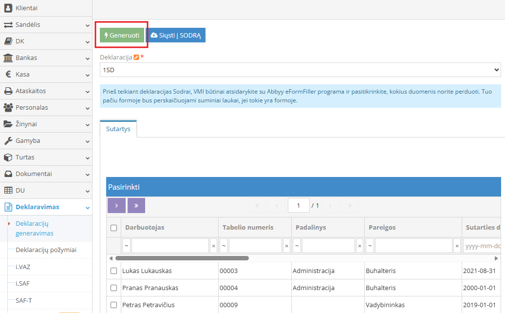 sd deklaracijos generavimas